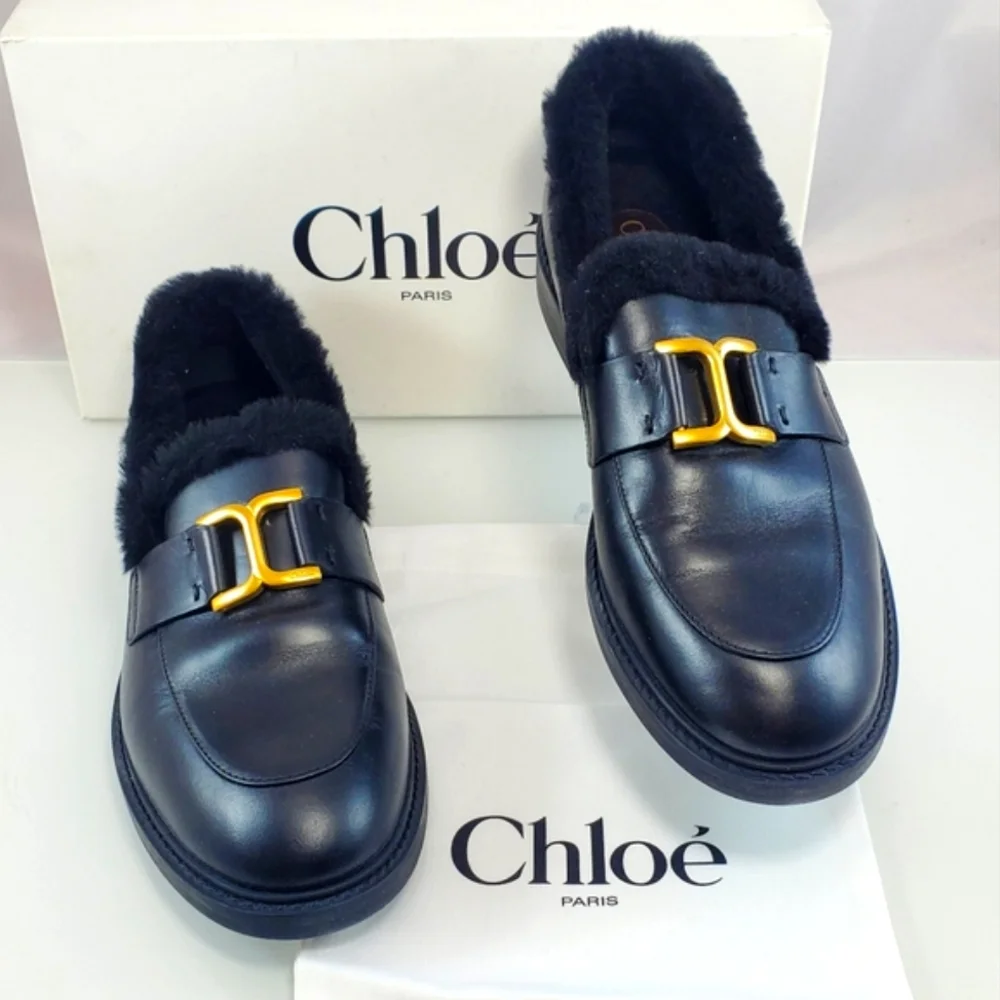 NWT$1,050 Chloé Marcie Black Shearling-Trimmed Leather Marcie Loafers Sz 40 (10)